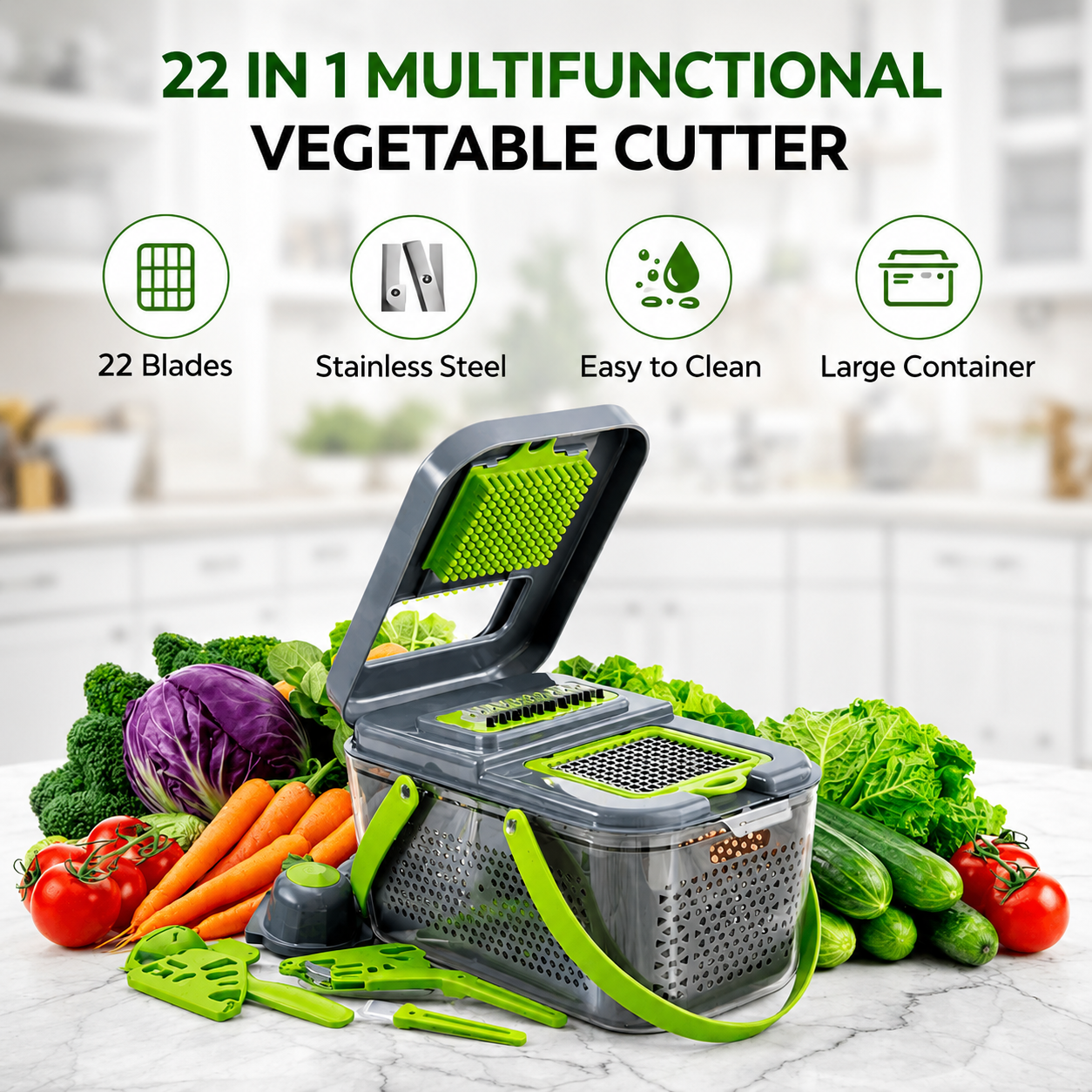 22-in-1 Vegetable Chopper & Slicer Set - Versatile Mandoline Cutter for Kitchen - Multi Blade Potato Peeler & Salad Maker - Easy to Clean Food Processor with Hand Protector - Premium Kitchen Gadget Set